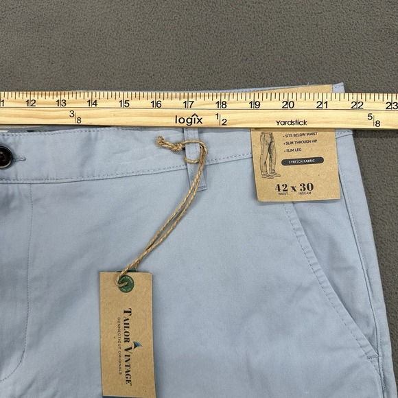Tailor Vintage Slim Fit Chino Pants Trousers Mens 42x30 Blue Fog Stretch Casual - Picture 8 of 12